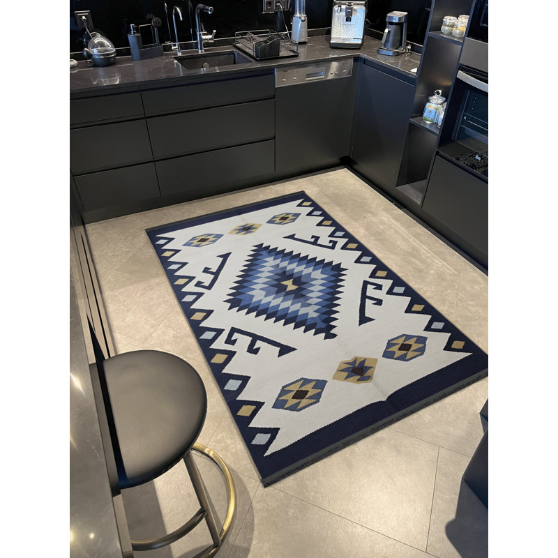 Tapis décoratif à motif traditionnel bleu et beige, Rectangle 4 pi 11,06 po x 9 pi 10,11 po