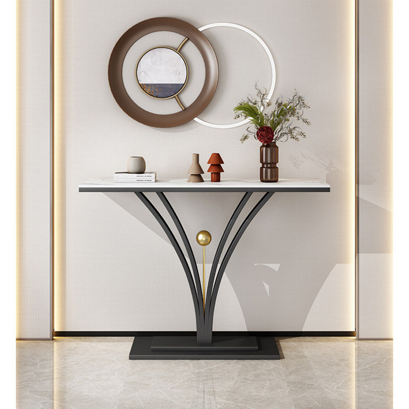 Console en pierre frittée en marbre en forme de ventilateur avec structure en métal rayonnante et sphère centrale, Noir