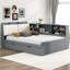 Lit double pleine grandeur, lit plateforme en bois, lit gigogne, tablettes en tête de lit, construction solide, lit gris avec tête de lit et unité de rangement rotative