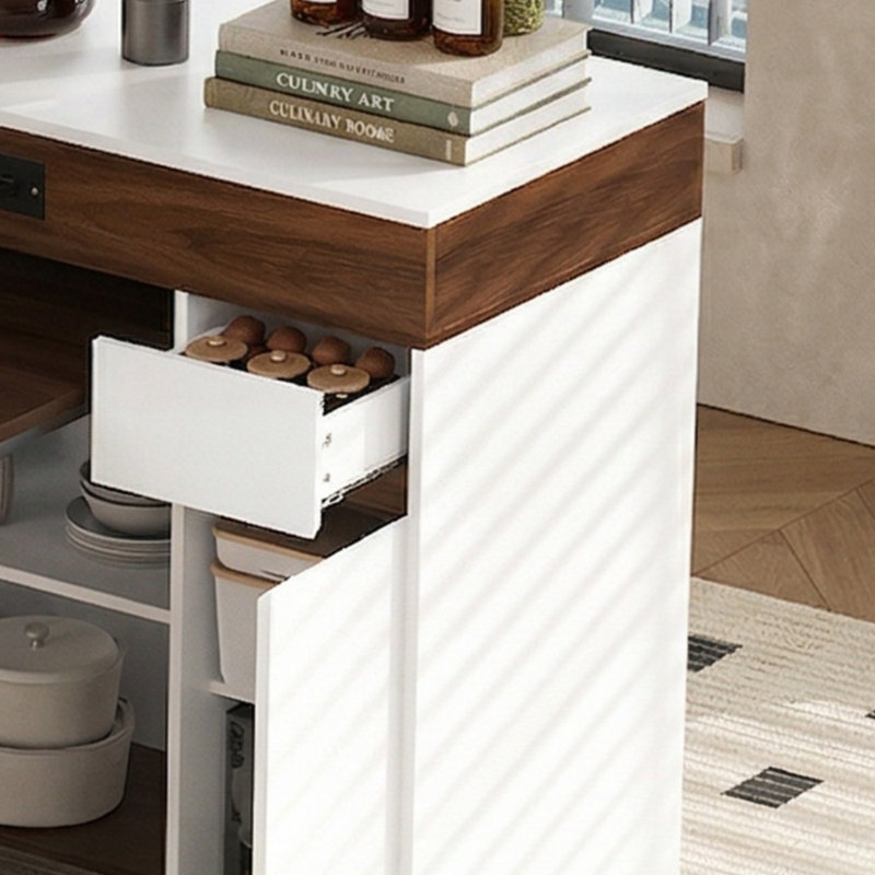 This Walnut-Wood, Cream-White Kitchen And Dining Set Features A Retractable Dining Table And A Movable Island With Folding Mechanism, Power Outlets, Brake Lock, And Drawers, Making It Suitable For Various Kitchen And Dining Room Settings.