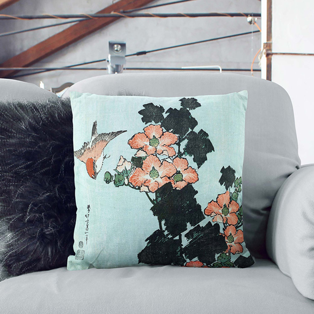 Hibiscus and Sparrow by Katsushika Hokusai Cushion with Filling