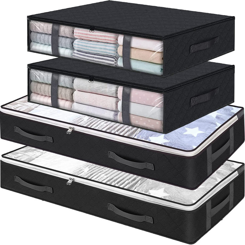 Under Bed Storage Containers, 4-Pack Large Underbed Storage Bags Organizer, Thick Fabric Storage Bins With Clear Window And Handles , Black