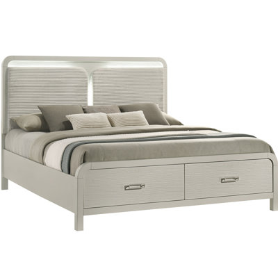King Bed With Storage And Ambient Lighting, Beige Finish, Contemporary Design, Bedroom Decor, Bearing Glide, Wood Frame, Modern Style Size Upholstered Headboard Essential, Wood,