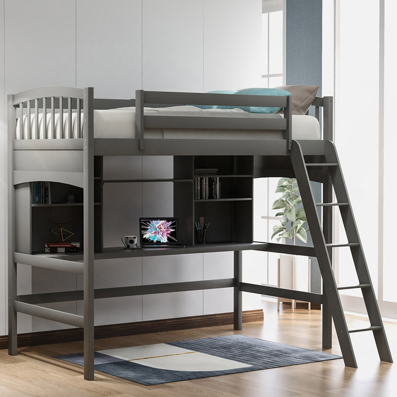 Lit mezzanine simple avec tablettes de rangement, bureau et échelle, gris