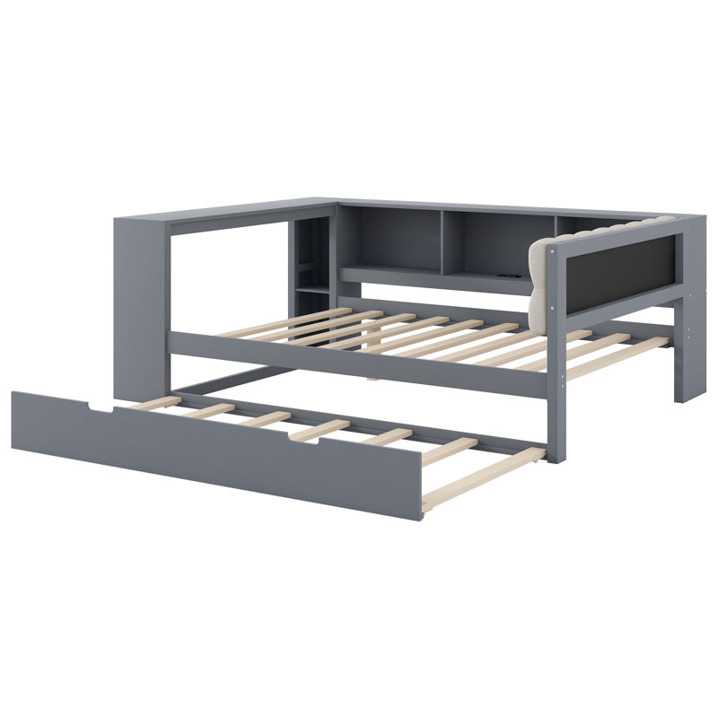 Spacious Wooden Beds With Storage, Upholstered Headboard, Modern Gray