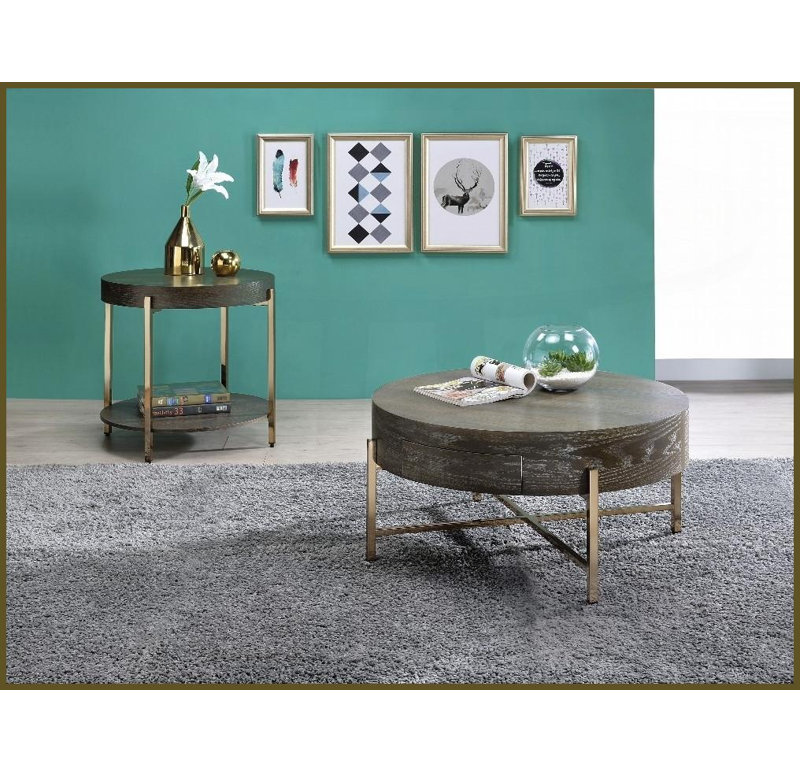 Table basse en forme de tambour brun clair avec placage de chêne, base en métal et amp; Tiroir de rangement pour le salon