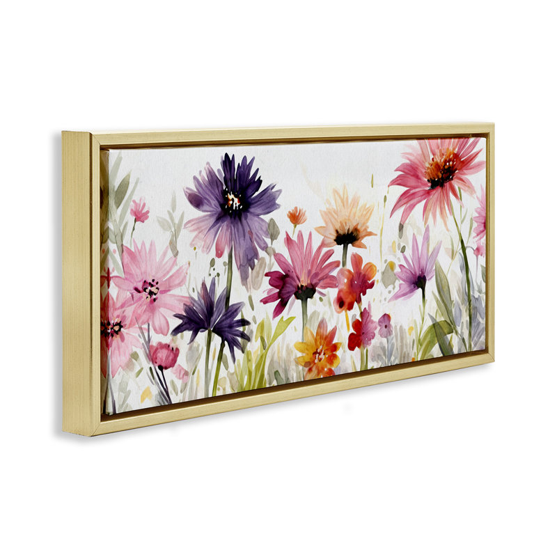 Fleurs roses et mauves, H 11 po x l 25 po, Cadre flottant métallique doré