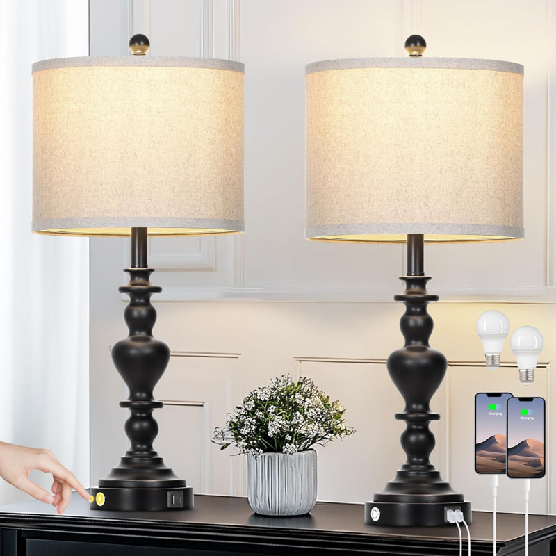 Ensemble de 2 lampes de table Farmhouse Vintage avec prises USB-C et CA, commande tactile à intensité variable à 3 voies, abat-jour en lin, ampoules DEL pour le salon, la chambre à coucher, la table de chevet