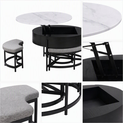 Table basse ronde moderne à plateau relevable avec rangement et 3 poufs, blanche et noire, idéale pour les espaces de vie contemporains.