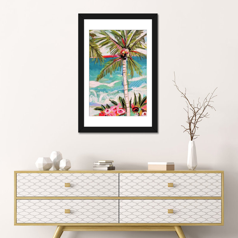 «Palm Tree Whimsy II», impression sur toile, H 24 po x l 16 po x P 1 po, Papier d'art encadré noir, Blanc