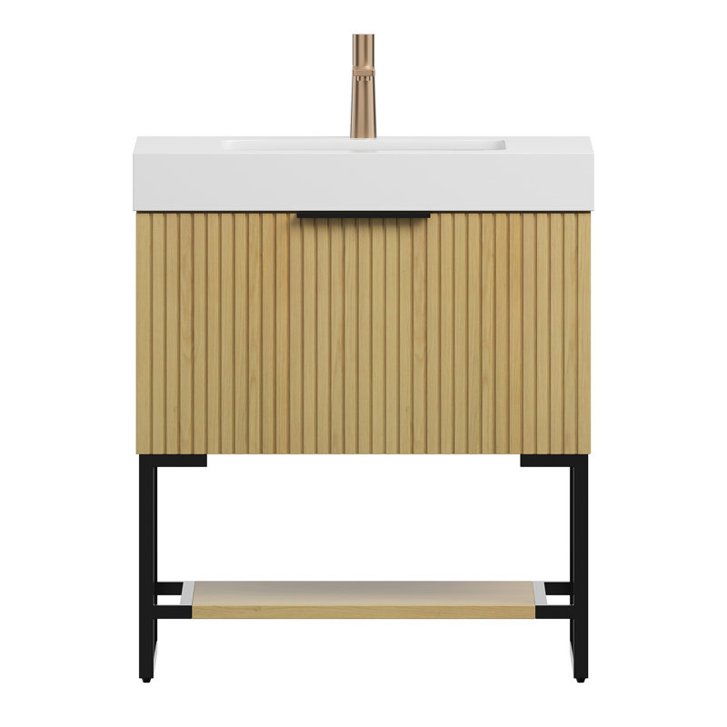 Meuble-lavabo de 30 po avec lavabo et lavabo, armoire de rangement autoportante en contreplaqué rayé avec tiroir et tablette ouverte encastrable rectangulaire en résine pré-assemblée