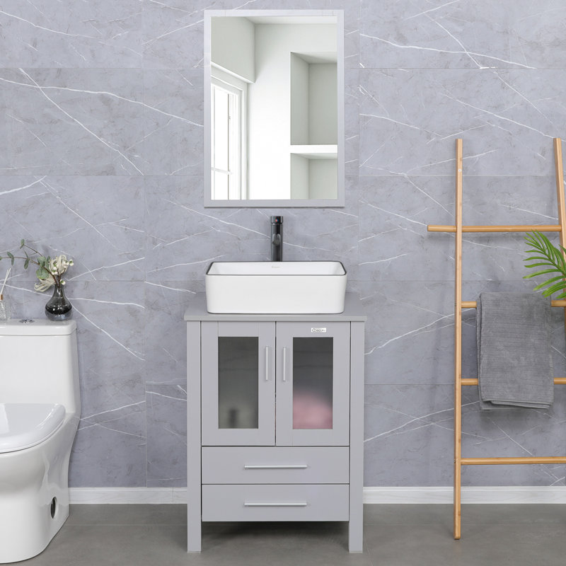 24'' Single Bathroom Vanity with Manufactured Wood Top with Vessel Sink, Manufactured Wood Top, Faucet, Drain, Gray