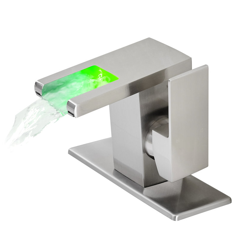 Brushed Nickel Bathroom Faucet, Led 3 Colors Changing, Deck Mounted One Hole, Single Handle, Hot Cold Water Mixing