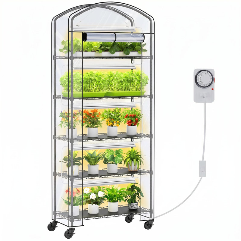 5-tier Mini Greenhouse With Full-spectrum Led Grow Light, Portable Indoor Outdoor Greenhouse With Wheels & Timer, Waterproof Cover For Seed Starting, Herb & Vegetable Growing