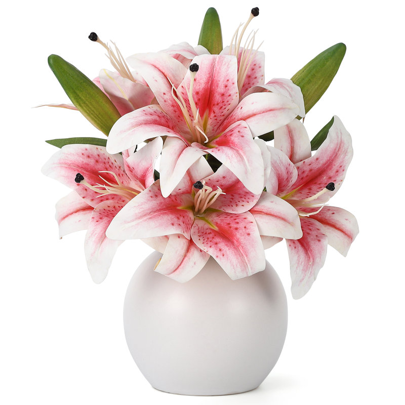 Fleurs de lis artificielles avec vase en céramique pour table, tablette, salle de bain, mariage, Rose