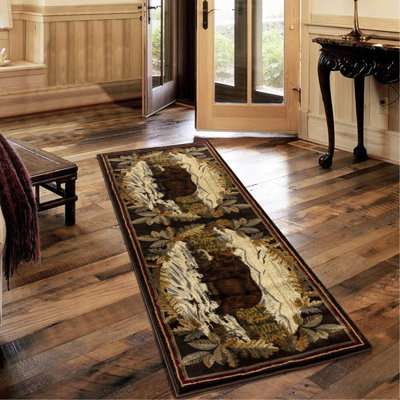 Tapis brun avec motif d'ours de chasse, polypropylène teint avec dossier en jute, brun 7 po X 3 po, doux et, fabriqué en dinde, teinture en polypropylène, envers et animal sécuritaire, brun