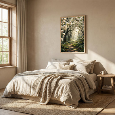 White Magnolia Trees Along Mossy Forest Path In Sunlight Canvas Wall Art