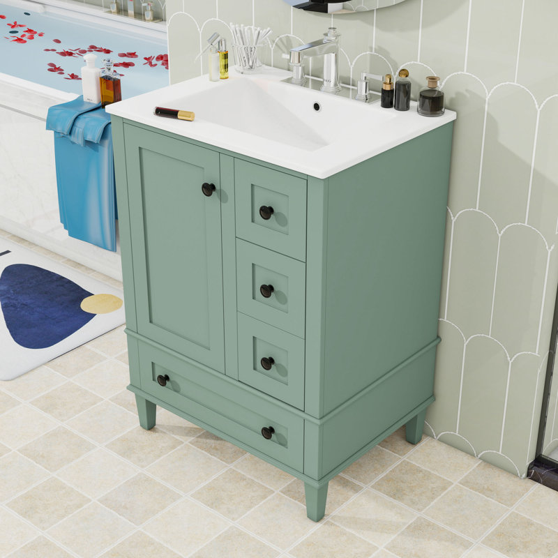 24-inch Bathroom Vanity with Sink, 3 Drawers and Door, Light Green