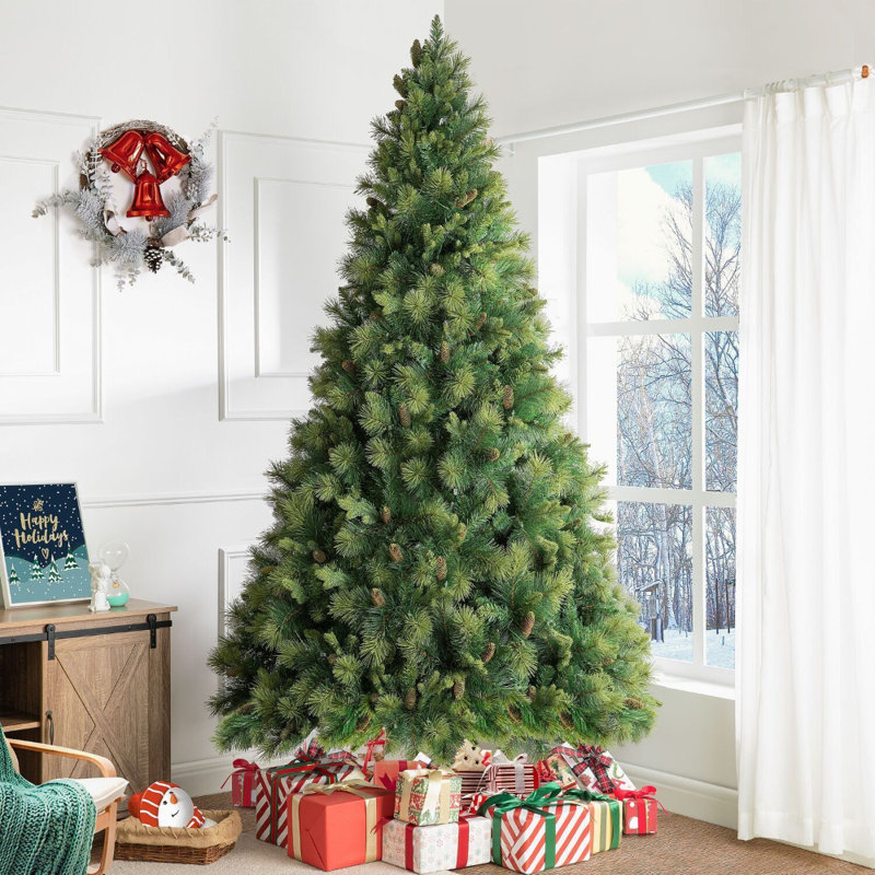 Arbre de Noël artificiel Prelit avec pommes de pin, pédale et support en métal - arbre de Noël traditionnel réaliste, 38 po de largeur, avec 300 lumières chaudes et 561 branches, disponible en tailles de 4,5 pi, 6,5 pi et 7,5 pi