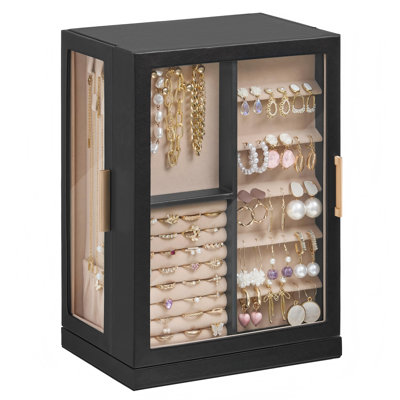 360° Rotating Jewelry Box with 7 Drawers, Spacious Vertical Jewelry Organizer with Glass Window, Jewelry Storage Case, Dustproof & Moisture-resistant Design, (Black)