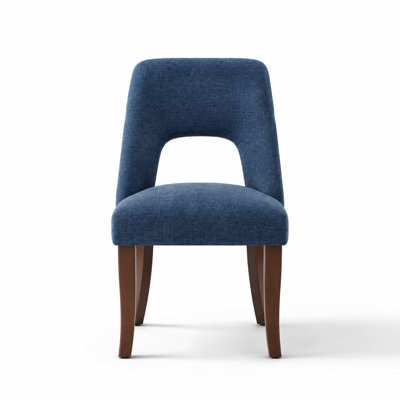 Set of 2 upholstered chenille dining chairs with tufted curved back, padded seat, solid wood legs, and space-saving design for dining room, kitchen, living room, cafe, or office.