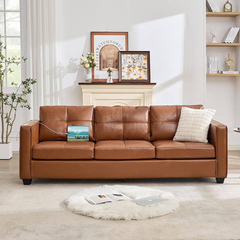 88” W Faux Leather Couch With Square Armrests, Faux Leather - Brown
