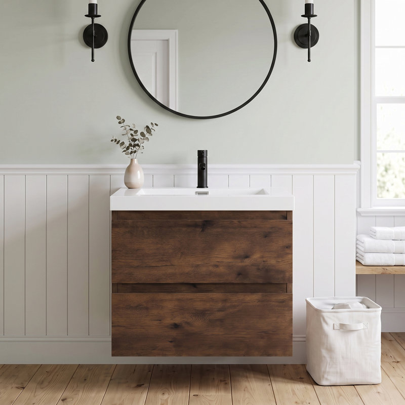 24" Floating Wall‑Mount Bathroom Vanity, Wood Melamine Cabinet with Resin & Calcium Carbonate Integrated Sink, Walnut