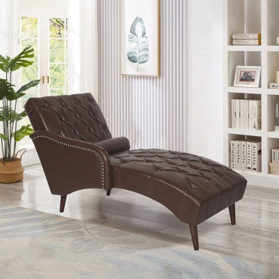 Tyannia 25" Wide One-arm Faux Leather Upholstered Tufted Chaise Lounge Chair with Lumbar Pillow and Nailhead Trim