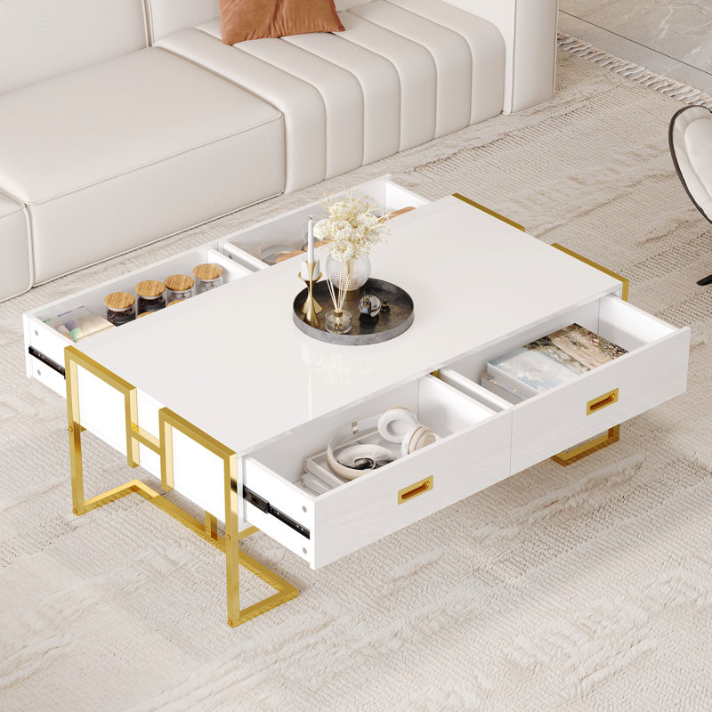 Table basse moderne moderne avec 4 tiroirs et une base de 47,3 po, Blanc