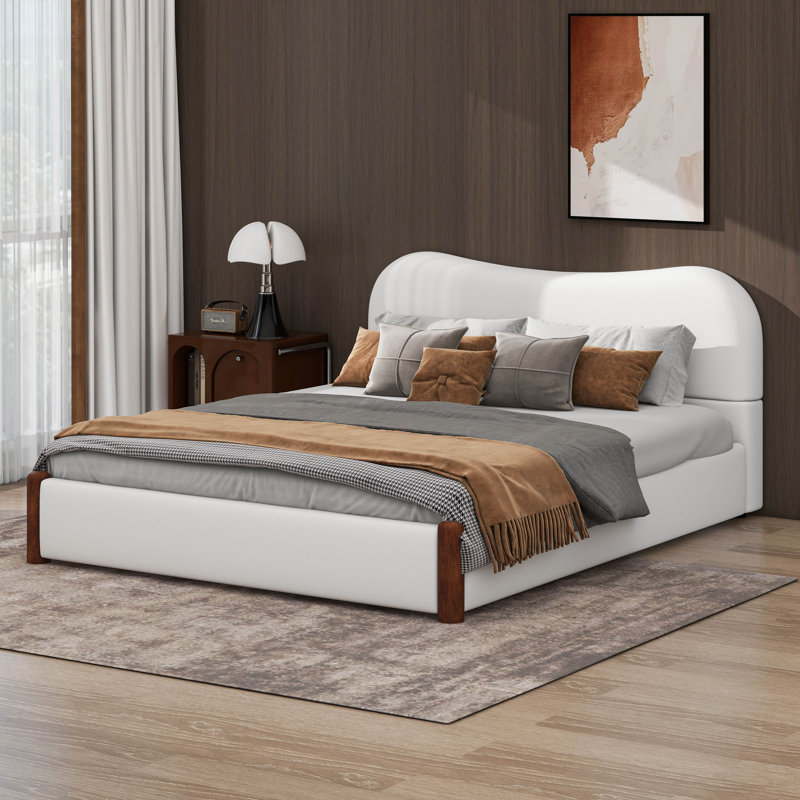 Lit plateforme tapissier avec tête de lit courbée, cadre de lit plateforme en bois moderne, Grand lit, Blanc
