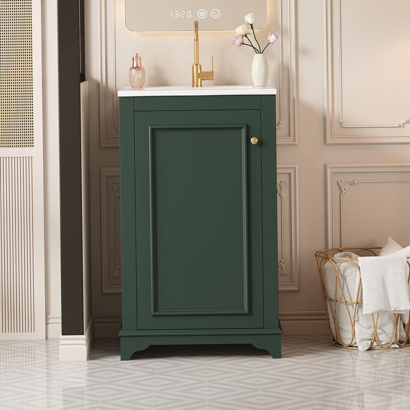 Ensemble de meuble-lavabo autoportant de 20 pouces avec lavabo en céramique, ensemble de meuble-lavabo simple autoportant avec porte à fermeture douce, tablette réglable, style moderne, vert.