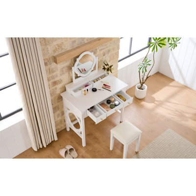 White Makeup Vanity And Stool With Reversible Mirror, Elegant Golden Handles, 5 Drawers Of Different Depths, Comfortable Sizes, Seating