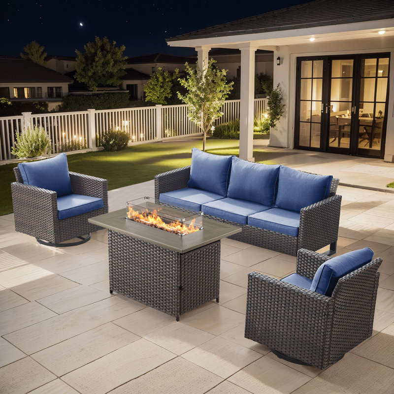 Naresa 4-Piece Outdoor Sofa Set, Wicker Patio Furniture Set With Fire Pit Table, All-Weather PE Wicker