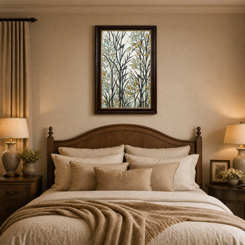 Arbres et oiseaux en vitrail, tableau sur toile, H 24 po x l 16 po