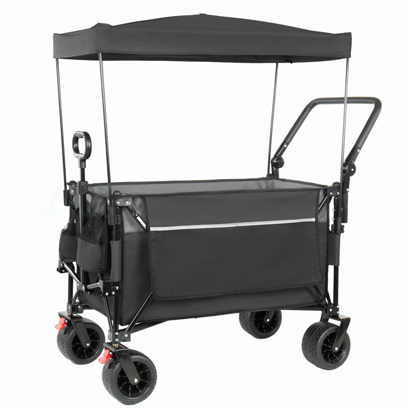 Chariot pliant multifonctionnel avec chariot pivotant et poussoir avec poignée rotative et auvent, roues et freins tout-terrain de 7 po x 4 po, capacité de charge de 480 lb, grande capacité de transport de 300 L, épicerie, utilisation à l'extérieur