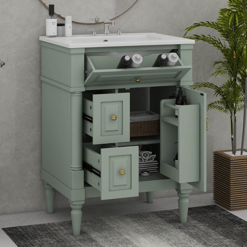 Meuble-lavabo sur pied 24 po avec lavabo, armoire de salle de bain autoportante avec tiroir rabattable et tablette réglable 24 po