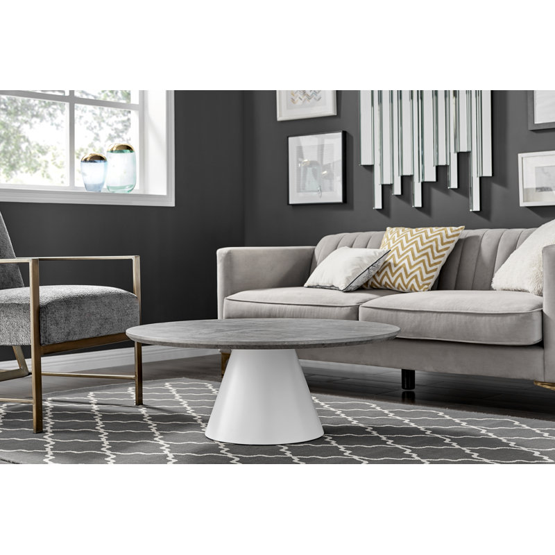 Palm Luxury Pedestal Round Coffee Table, Gray Concrete Effect Top/White Base
