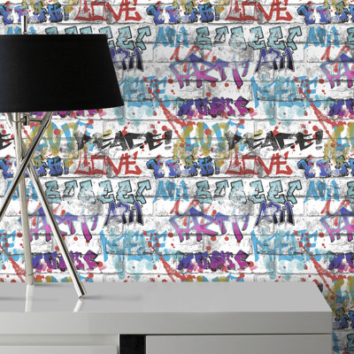 Fresco Brick Wall Effect Multicoloured Graffiti Print Wallpaper