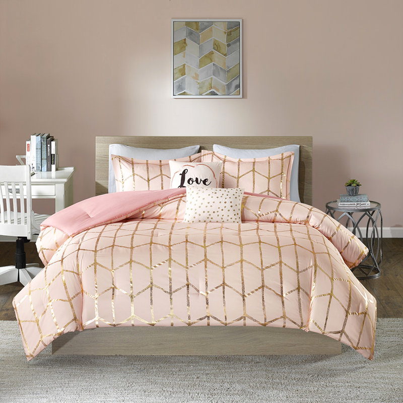 Édredon simple / simple TG en rosé avec motif géométrique doré et doré pour le confort, Rosé et or