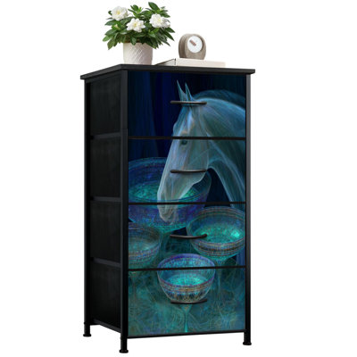 Commode pour chambre à coucher avec 4 tiroirs de rangement Cheval néon regardant dans des bols d'eau brillants Commode d'art abstrait Commode en tissu avec cadre en acier pour vestibule