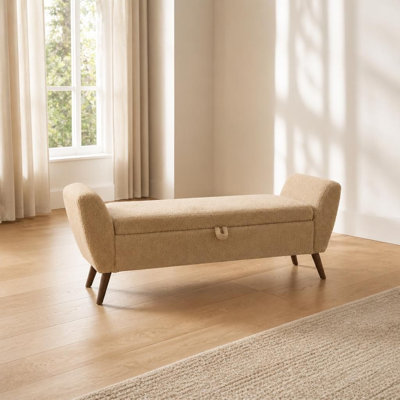 Banc de rangement moderne du milieu du siècle avec pieds en bois, assise rembourrée et capitonnée avec compartiment caché et charnière de sécurité, structure robuste supportant une charge élevée