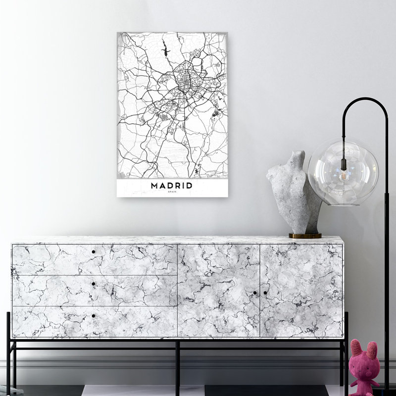 Madrid Spain Road Map Retro Vintage Abstract City Wall Art Print 1 Piece Wrapped Canvas Wall Art, 91.44cm H x 60.96cm W