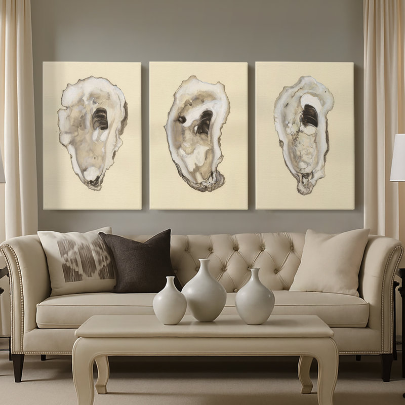 Oysters I sépia - Toile tendue sur mesure avec châssis - 3 pièces, H 12 po x l 24 po