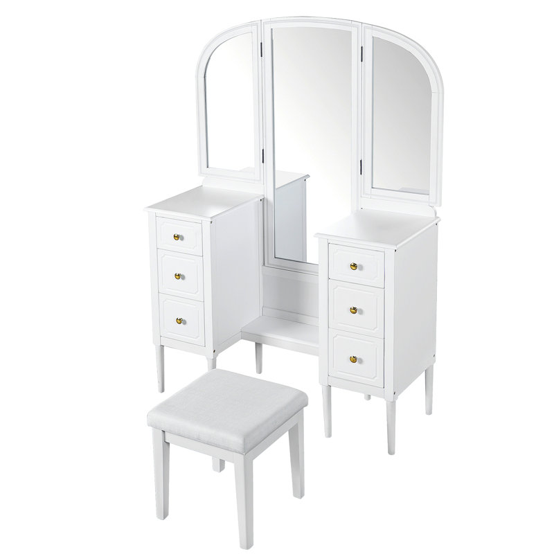 Antique Makeup Vanity Desk with Triple Mirror, 6-Drawer Dressing Table Set Including Stool, Full Length Mirror for Bedroom Dressing Room, White 