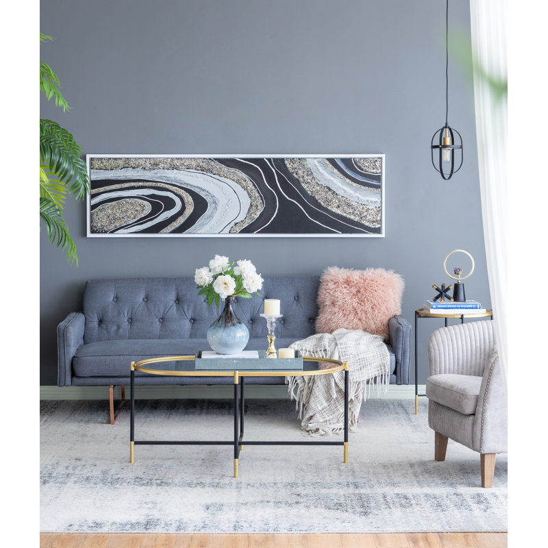 Elongated Landscape Rectangle Framed Artwork with Textured Silver Frame and Embedded Crystals, Rustic Decorative Piece for Living Room or Gallery Wall