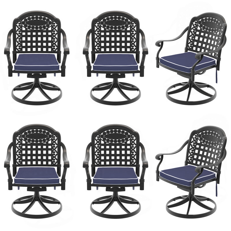 Chaise de patio pivotante en aluminium 6 pièces avec structure noire et coussins bleus