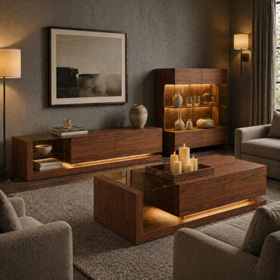 Ensemble de salon 3 pièces en noyer avec meuble télé, table basse et armoire d'appoint, base DEL flottante 3 couleurs