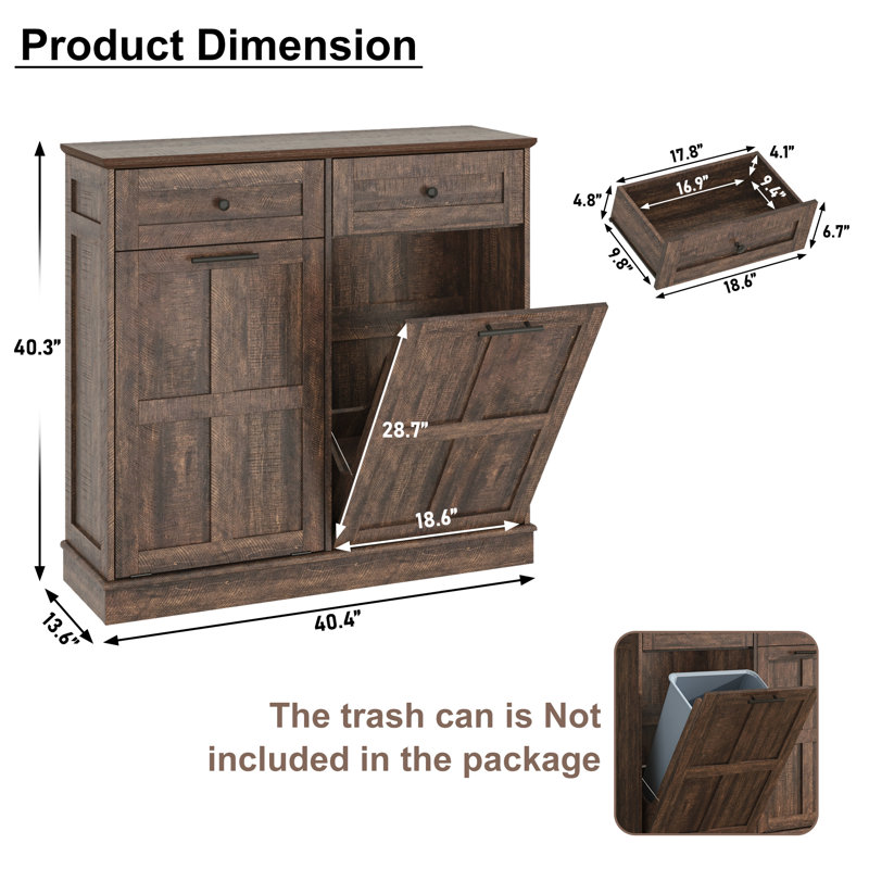 Armoire poubelle à double basculement double 26 gallons Wodden (sans inclure la poubelle) avec tiroir, Brun