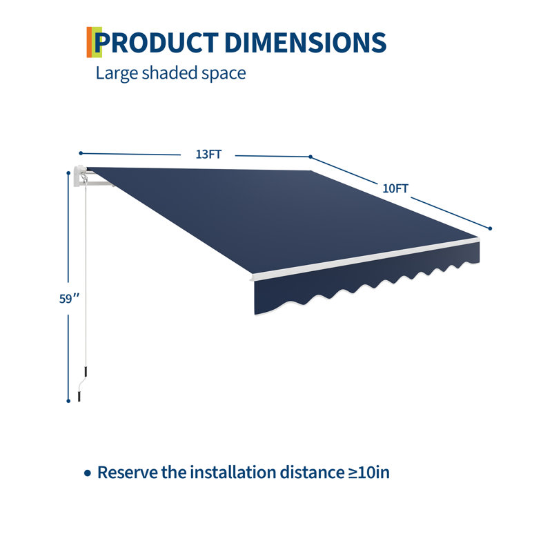 13' x 10' Manual Retractable Patio Awning with Crank Handle, Waterproof 280 g/㎡ Polyester Fabric, Aluminum Frame for Deck, Porch, or Balcony