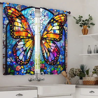 2 pièces rideaux en verre coloré à motif papillon aile colorée diviseur de pièce passe-tringle fenêtre fenêtre drapée vibrante multicolore motif floral panneaux de traitement pour le salon chambre cuisine décor à la maison